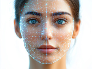 Young woman with blue eyes and digital facial overlay, displaying technology integration in future aesthetics