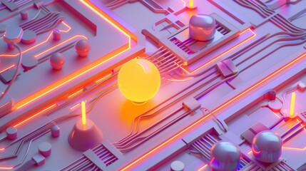 abstract illustration of high angle of colorful circuit with orange lamp on white surface