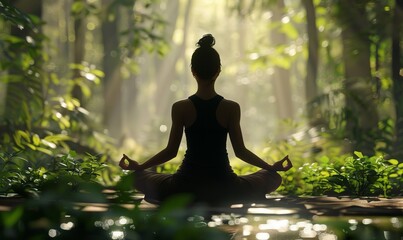 Yoga practitioner in a serene forest, focusing on physical and spiritual growth