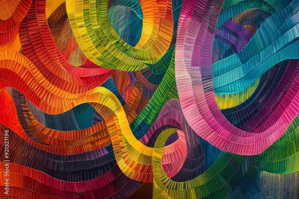 Poster a dynamic abstract painting featuring intricate rainbow stripes intertwining in a colorful display, 