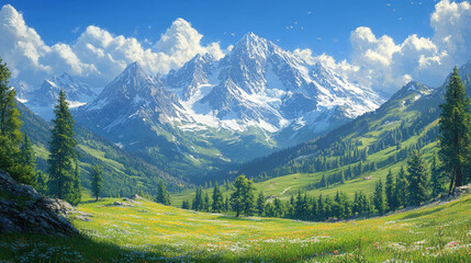 Fototapeta premium Vibrant mountain landscape with sunlight casting shadows on rocky terrain