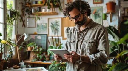 Fototapeta premium Man in casual clothes using a tablet in a cozy room filled with plants and natural light, surrounded by greenery and creative decor.