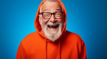 Portrait d'un homme senior &acirc;g&eacute; de 70 ans souriant avec des lunettes et une barbe portant un sweat &agrave; capuche orange sur un fond isol&eacute; bleu.