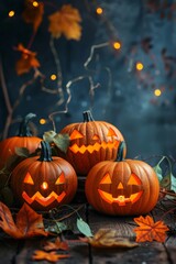 Obraz premium A illuminated Jack-O'-Lanterns surrounded by autumn leaves and twinkling lights, creating a cozy and festive Halloween scene