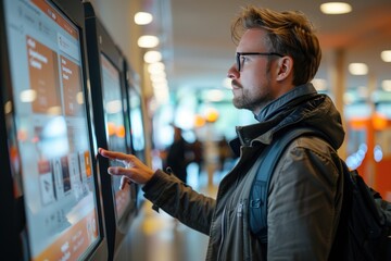 Man using self-service kiosk touchscreen at modern station. Interactive digital display, urban technology, transportation convenience.
