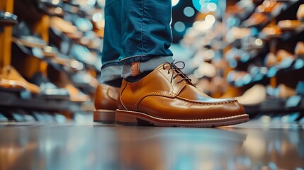 High-end shoe store, customer trying on designer shoes