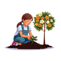 A girl is planting tree symbolizing the concept of saving our mother earth isolated on white vector illustrator 
