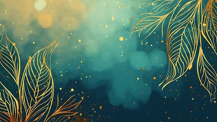 Golden leaves line art background vector. luxury gold abstract wallpaper with blue and tidewater green color. Design for prints, Home decoration, fabric and cover design. vector illustration