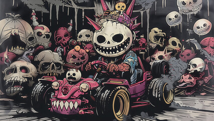 Spooky skull-faced racer driving a menacing go-kart surrounded by eerie skulls in a Halloween-themed illustration