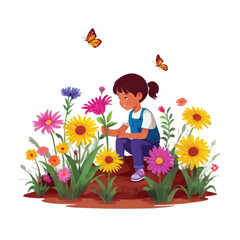 A kid is playing in her flower garden symbolizing the concept of saving our mother earth isolated on white vector illustrator 