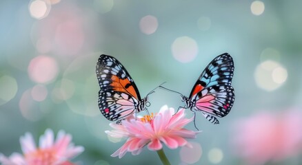 Fototapeta premium Colorful Butterflies Feeding on Pink Flowers in a Garden During Daylight