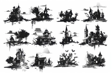 A collection of haunted house illustrations set in eerie landscapes with gothic elements