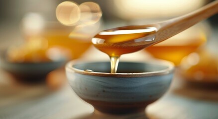 Golden Honey Dripping From Spoon Into Delicate Bowl Amid Soft Background Glow