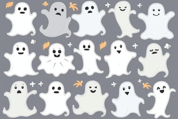 Various playful ghost illustrations on a gray background, featuring different expressions and shapes