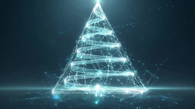 Futuristic glowing Christmas tree with digital spirals against dark background.