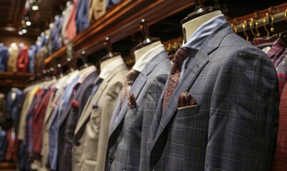 luxury men's suits in the store, with mannequins wearing neckties and blouses