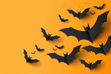 Decorative paper bats flying against a vibrant orange background for Halloween festivities