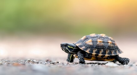 Obraz premium Tiny Turtle Crossing A Paved Road Under Soft Natural Light