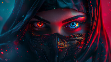 Striking portrait of a powerful cyber ninja Female, dark fantasy art style, vibrant highlights