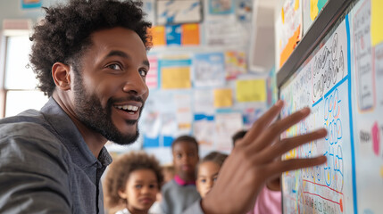 Engaging Male Teacher Explains Educational Material to Diverse Classroom