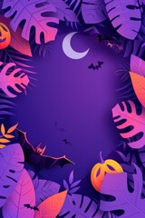 Colorful Halloween-themed design with bats, pumpkins, and tropical leaves under a crescent moon
