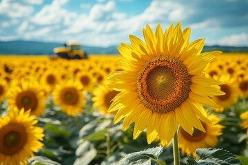 Harvesting agricultural crops in the fields with the help of modern tractors and combines, AI generated