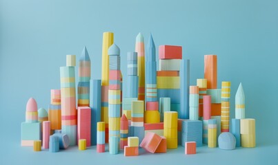 Whole and destroyed towers made of colorful wooden blocks in studio