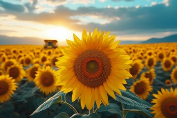 Fototapeta premium Harvesting agricultural crops in the fields with the help of modern tractors and combines, AI generated