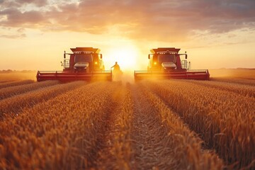 Fototapeta premium Harvesting agricultural crops in the fields with the help of modern tractors and combines, AI generated