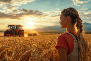 Fototapeta premium Harvesting agricultural crops in the fields with the help of modern tractors and combines, AI generated