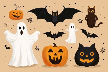 Fototapeta premium Spooky Halloween decorations featuring ghosts, bats, cats, pumpkins, and spiders against a warm backdrop