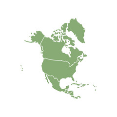 North America isolated green map on white background. High detailed, with board. USA, Canada, Mexico, Cuba, Guatemala, Haiti, Dominican Republic, Honduras, Nicaragua.