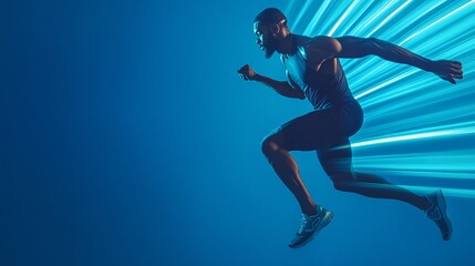 Vibrant and dynamic sports advertising banner featuring an athletic man in motion, showcasing running shoes against a blue background with streaks of light and shadow, composition, runner, stance, run
