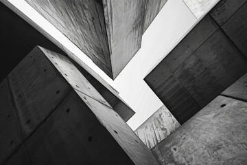 A black and white photo of a tall building with jagged lines and sharp angles, Jagged lines and sharp angles intersecting