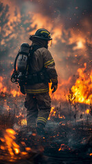 Naklejka premium A firefighter is walking through a field of burning grass. The scene is intense and dramatic, with the firefighter's gear and the flames creating a sense of danger and urgency