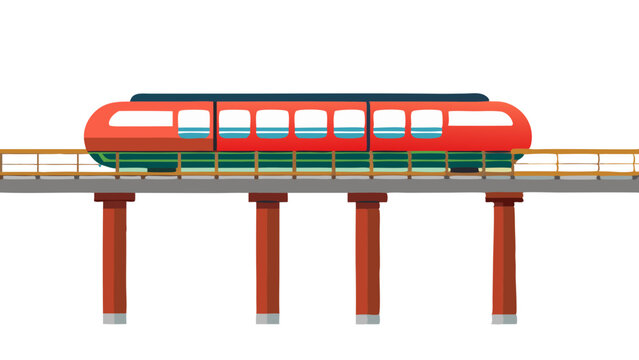 cartoon city monorail system, orange train elevated on stilts, urban commuting