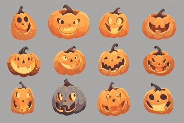 A collection of festive Halloween pumpkins with various playful faces on a gray background