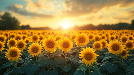 Fototapeta premium Beautiful depicting field with sunflowers close up