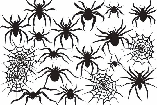 Black spiders and webs in a creative arrangement on a white background