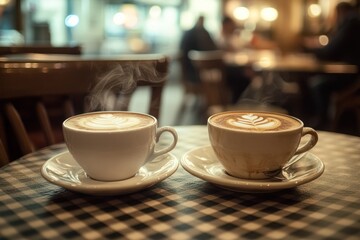 Fototapeta premium Two Steaming Cups of Coffee on a Checkered Tablecloth