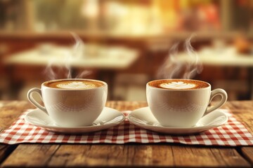 Fototapeta premium Two Steaming Cups of Latte Art on a Checkered Napkin