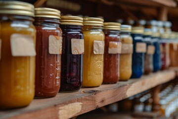 Assorted colored jars of peanut butter and jelly displayed neatly on a shelf, Jars of peanut butter and jelly on a shelf