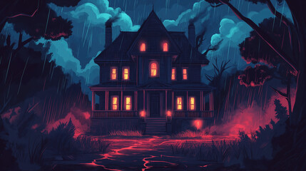 A haunted mansion looming on a stormy night, shrouded in darkness and mystery.