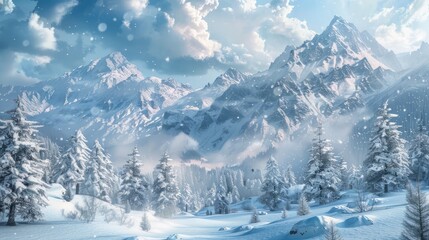 Snow-covered mountain landscapes in winter