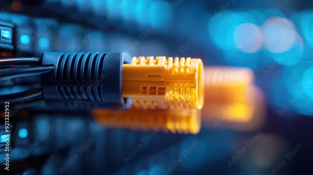 Wall mural close-up of network cables in a data center with bright, blurred lights in the background, showcasin