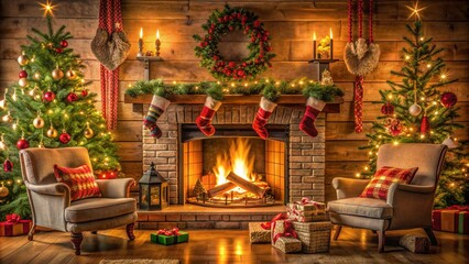 Christmas, Holiday fireplace.