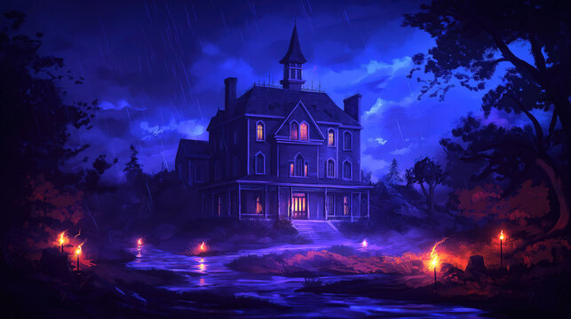 A chilling mansion towers under stormy skies, haunted by flickering apparitions and echoes of its haunted history.