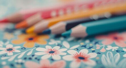 Colorful Pencils on Flower Patterned Paper With Blurred Background Lights