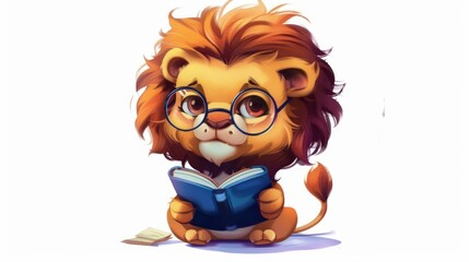 Fototapeta premium Chibi lion with glasses, nerdy and cute, holding a book, vibrant tones, isolated on white background
