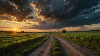 Gorgeous rural summer scenery, a view of a summer green field with a deserted road, and a cloudy, sunset sky